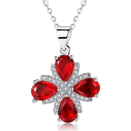 New Arrival Lady Silver Plated Necklace Female Jewelry Shiny Zircon Red Clover Pendant Necklace For Women Accessories Gift