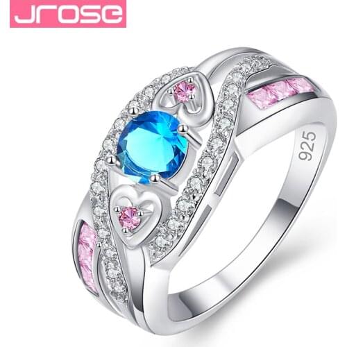 JROSE Wholesale Wedding Band Classic Jewelry Blue & Rainbow & Pink & Purple Cubic Zircon Silver Engagement Ring Elegant Gifts