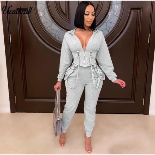 Autumn Casual Tracksuit Two Piece Set Womens Suit Zipper Hooded Jacket Top And Pants Cap Collar 2 Piece Outfits