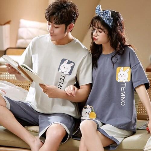 Summer Fashion Kawaii Cartoon Print Cotton Couple Pajamas Set O-Neck Nightwear Female Casual Korean Loose Short Sleeve Sleepwear