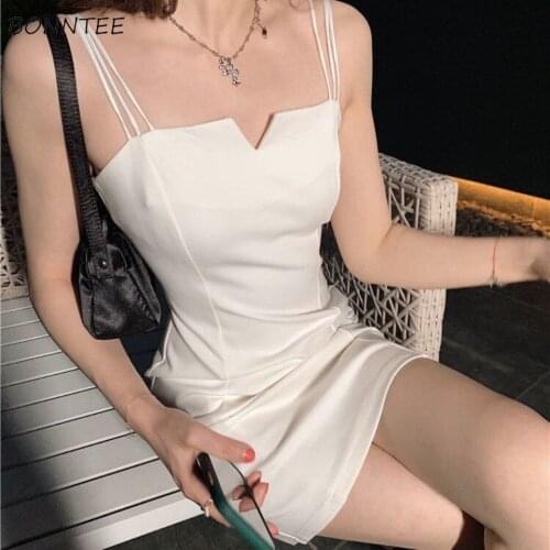 Sleeveless Dress Women Solid Mini Summer Sexy Club Female Ulzzang Slim Simple Trendy Popular Vestidos Ins Spaghetti Strap Soft
