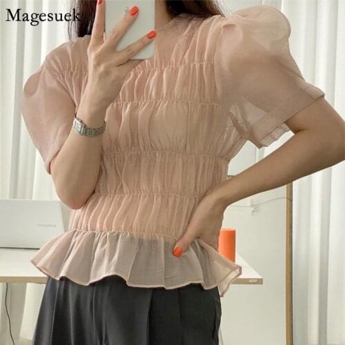 Puff Short Sleeve Pleated Korean Blouse Women Clothes O Neck Slim Elegant Ruffled Female Shirt Fashion Chic Ladies Tops 14093