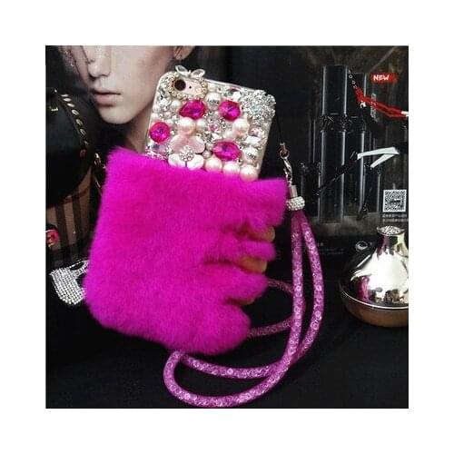 LaMaDiaa Real Rabbit Fur Glitter Case For iPhone X XS MAX XR 5S 6 7 8 Plus 11 Pro MAX Luxury Diamond Pearl Phone Case Cover Capa