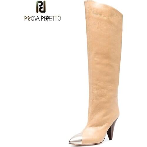 Pointed Toe Cone Heel Boots Autumn New Style Iron Head Splicing Sleeve Casual Knee Boots Lady Diagonal Boots Knight Boots