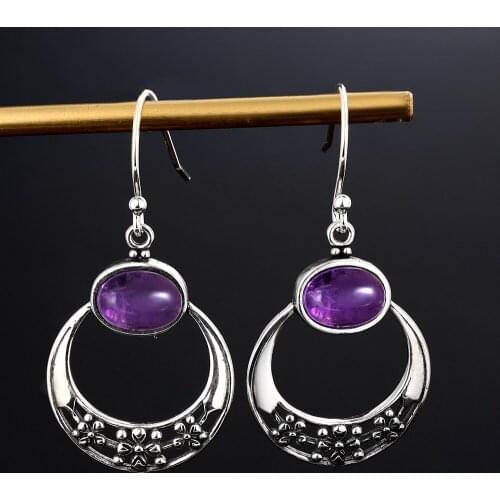 S925 Sterling Silver Drop Earring 6x8MM Oval Amethyst Chrysanthemum Pendant Earrings Engagement Wedding Women Earrings