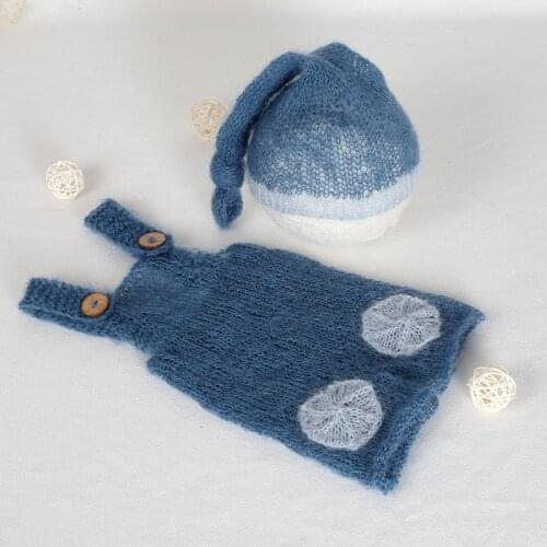 Blue Newborn Boy Prop Crochet Baby Nightcap Mohair Newborn Bonnet Outfit Boy Romper Baby hat Photo Props Stretch Knit Pants
