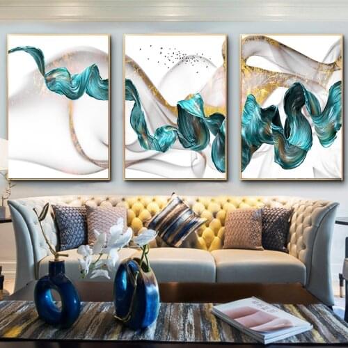 Nordic Abstract Color Spalsh Blue Golden Canvas Painting Poster And Print Unique Decor Wall Art Pictures For Living Room Bedroom