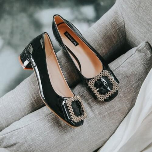 Summer women single shoes patent leather square toe crystal metal decoration pumps shoes trendy thick high heels shoes moccasins