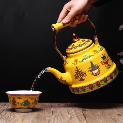 Vintage Ethnic Buddhist Enamel Kettle with Handle Coffee Milk Water Heating Pot Gas Kettle Induction Cooker Universal Teapot