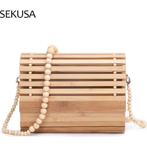 Vintage Hollow Out Style Day Clutch Bamboo Evening Bag With Chain Shoulder Beading Holder Handbags Purse