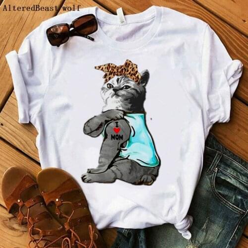 Cat I Love Mom Tshirt Women Harajuku Leopard Print Bandana Mama T-shirt Women Casual Tops Female Tee Summer Women T Shirt Tops