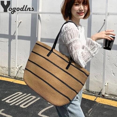 Women Straw Woven Stripe Basket Bag Large Capacity Hand-Woven Handbags Female Casual Beach Vacation Shoulder Bag Shopping Totes