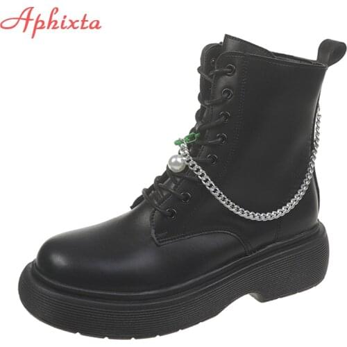 Aphixta 2021 Chain Ankle Boots Women 4.5cm Square Heel Platform Waterproof White Black Shoes Back Zippers Lace-up Lady Footwear
