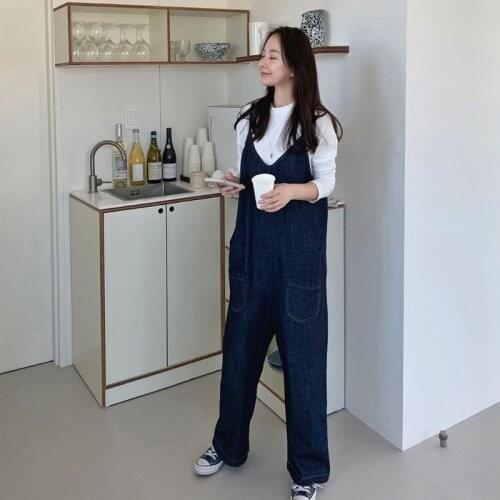 Johnature 2021 Korean Jeans Women Jumpsuits Summer New Casual Loose Spaghetti Strap Pockets Female Bodysuits