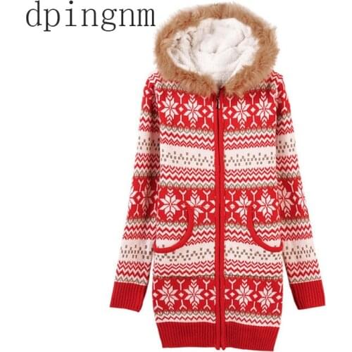Lady Winter Hooded Fleece Liner Cashmere Cardigan Knitted Sweater Coat Women Thick Warm Long Sleeve Knit Weave Long Jacket Tops