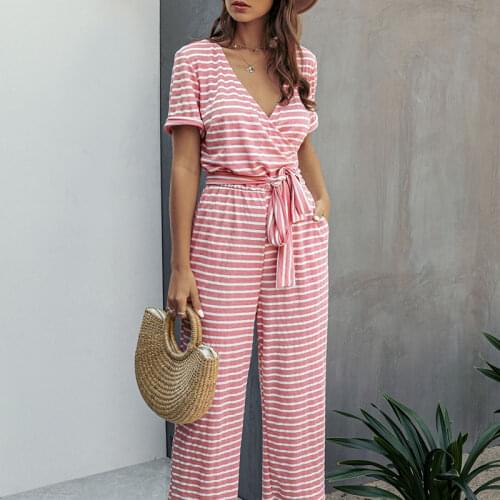 Fashion Striped Buttoned Waist Women Romper 2021 Sexy V Neck Short Sleeve Female Jumpsuit Casual Loose Plus Size Ladies Clothes