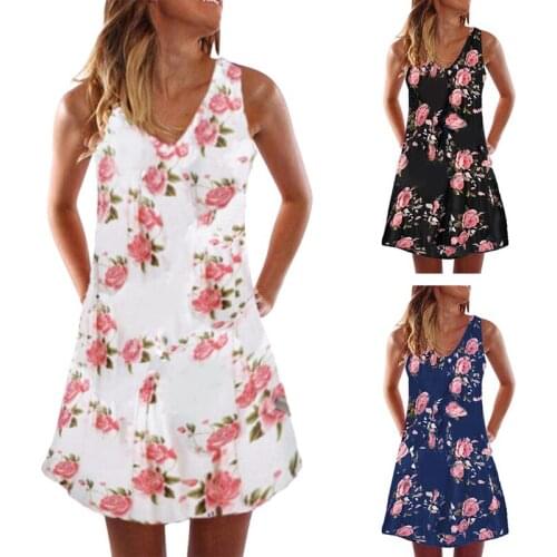 Womens Summer Flower Print Casual Sleeveless Sling Mini Dress