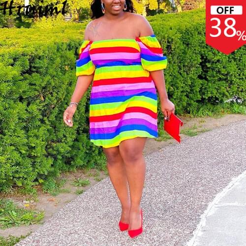 Fashion Rainbow Stripe Print Women Dress Summer Elegant Off Shoulder Short Sleeve Elegant Female Mini Dress Backless Plus Size