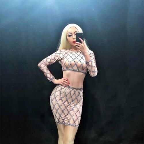 Women Sexy Dress Black Grid Of Sparkling Rhinestones Dresses Nightclub Party Stage Wear Dancer Singer Costumes DJ DS Outfit