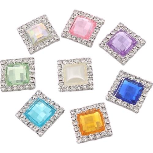 10pcs Square 15mm Pearl Flatback Rhinestone Buttons Decorative DIY Hair Bow Interspersed Silver Wedding Accessories