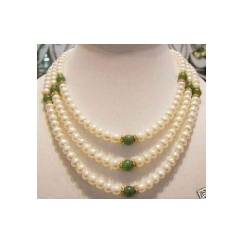 3 Rows Genuine 7-8 mm freshwater pearl and green jade necklace