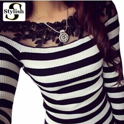 Blusa black and white striped blouse shirts Knitted women tops fashion 2018 Elegant lace embroidery long sleeve knitwear Female