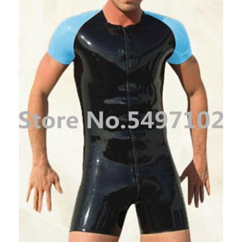 Black and Blue Latex Unitard Sexy Rubber Latex Catsuit Swimsuit Bodysuit Gummi Jumpsuit Front Crotch Zipper