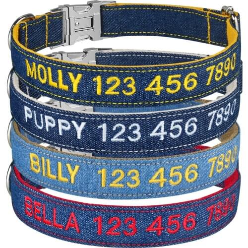 Nylon Jeans Cloth Embroidered Solid Color Basic Dog Collar Padded Personalized Custom ID Tag Adjustable Quick Release All Season