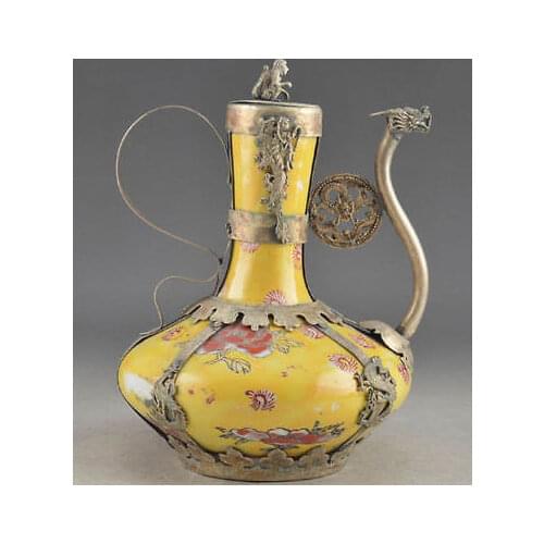 China Porcelain Copper Handwork Old Dragon Phoenix Armored Wine Tea Pot Garden 100% real Tibetan Silver Brassroom