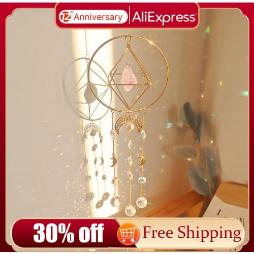 Crystal Wind Chime Star Moon Sun Catchers Windchimes Plated Colorful Beads Hanging Drop for Outdoor Indoor Garden Decor Craft