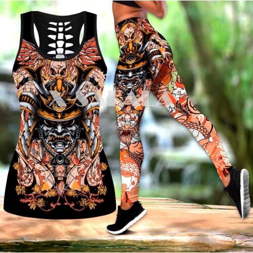 Samurai Tattoo Art Legings Two Piece Yoga Set Women 3D Print Vest Hollow Out Tank Top High Waist Legging Summer Casual Sport-2