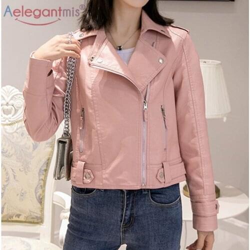 Aelegantmis New Fashion Korean Faux Leather Jacket Women Vintage High Street PU Leather Biker Coat Female Motorcycle Punk Jacket