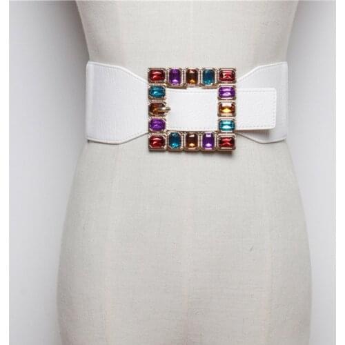 New Fashion Colorful Rhinestone Square Buckle Belts For Women Punk Leather Elastic Wide Off Belt Dress Waistband Accessories