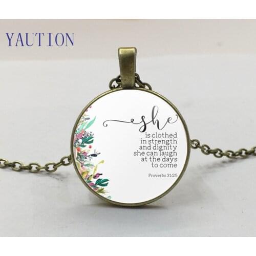 New Religious Jewelry She is clothed in strength and dignity Proverbs 31:25 Necklace Bible Verse Inspirational Women Men Gift
