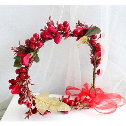 Handmade Red Berry Flower Crown Hairband Head Wreath Tiara Headband Hair Hoop Bridal Hair Accessories Dance Wedding Christmas