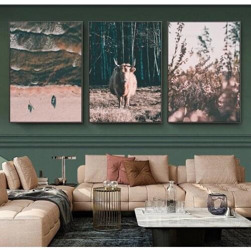 Natural Landscape Poster Canvas Painting Beach Goat Forest Wallpaper Nordic Style Art Craft Print Picture Home Decoration