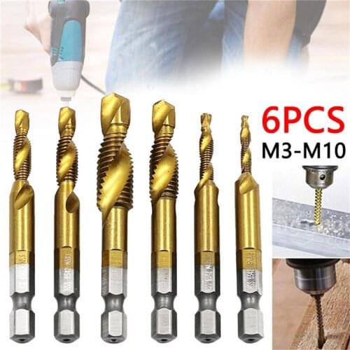 Portable 6Pcs M3-M10 Hex Shank Titanium Plated HSS Screw Thread Metric Tap Drill Bits Compound Tap