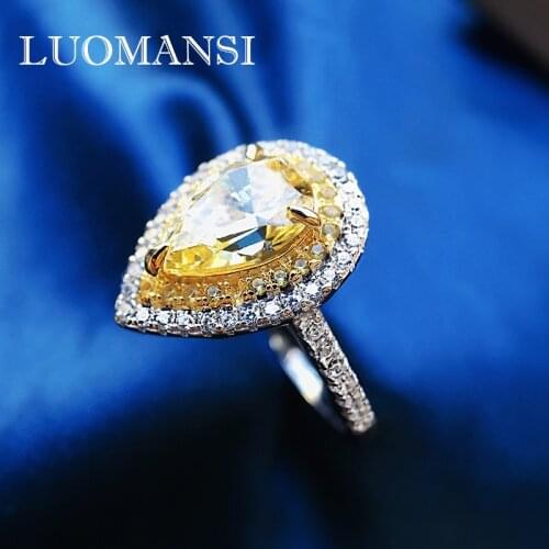 Luomansi Luxury Full Diamond 10*7 Drop-shaped Yellow Diamond Female Ring 100%-s925 Sterling Silver Fine Jewelry Wedding Party