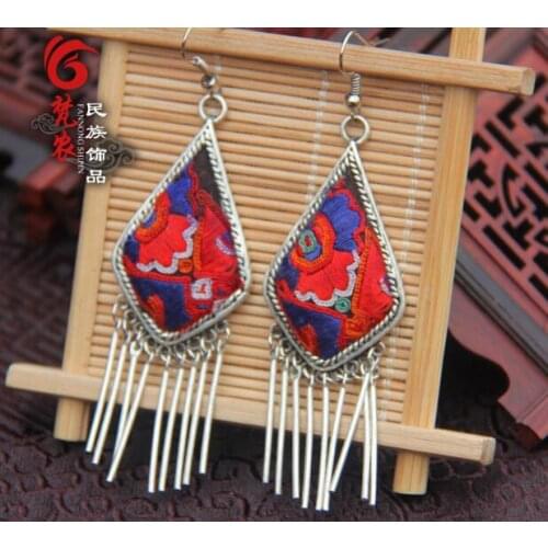 Handmade embroidered old money, silver earrings, retro water drops and tassel embroidered Earrings