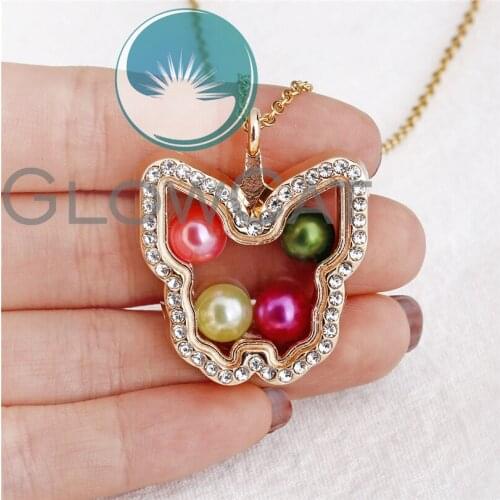 Rhinestone Butterfly Glass Locket Pearl Necklace Pendant Beads Pearl Locket Gold Color Steel Chain Necklace