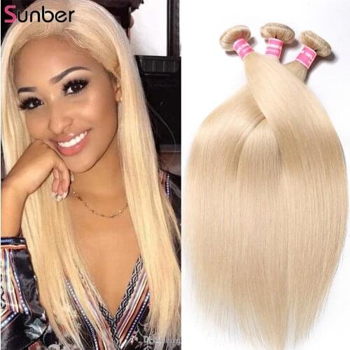 Sunber Malaysia Bone Straight Human Hair Weft 1/3 Boundles 10-24 Inch Remy Hair Extension Double Weft #613 Blonde Weave Hair
