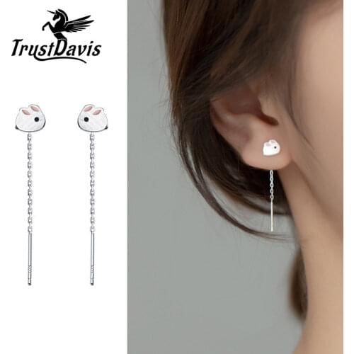 TrustDavis Minimalist 925 Sterling Silver Cute Rabbit Linked Stick Stud Earring For Women Creative Fashion Silver Jewelry DB1345