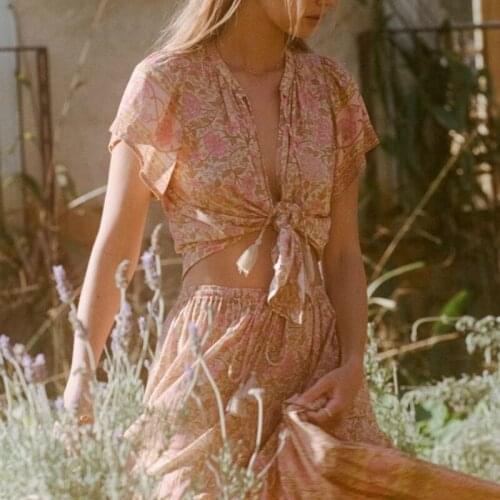 Happie Queens women Tops Vintage Multi Floral Print tassel Loose Blouses ladies tie Neck short Sleeve Beach Shirts Blusas Mujer