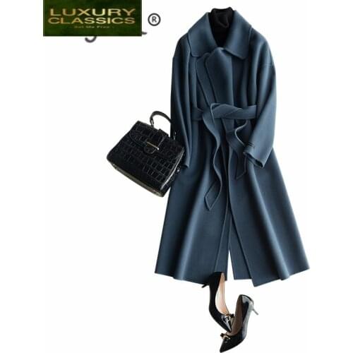 Women Winter Female Jacket Clothes 2021 100% Wool Coat+Belt Vintage Elegant Ladies Korean Coat Long Casaco Feminino 1621