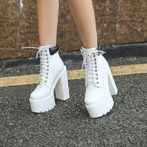Popular high-heeled thick-heeled womens short boots round head waterproof platform lace-up thick bottom nightclub