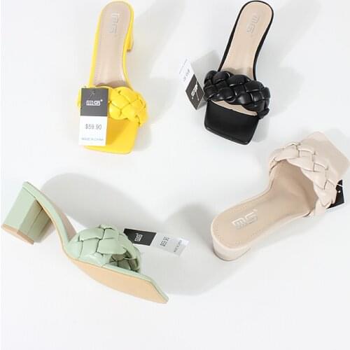 Womens shoes 2021 summer new womens high-heeled slippers woven word with thick heels, comfortable large size sandals 6cm