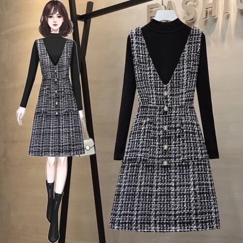 2021 Autumn Winter 2 Piece Set Women Elegant Long Sleeve Sweater + Single Breasted Plaid Tweed Vest Plus Size Dress Sets X81