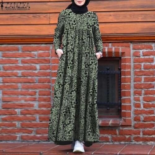 Women Retro Printed Long Muslim Dress ZANZEA Vintage Dubai Abaya Turkey Hijab Dress Autumn Sundress Robe Femme Vestido Kaftan