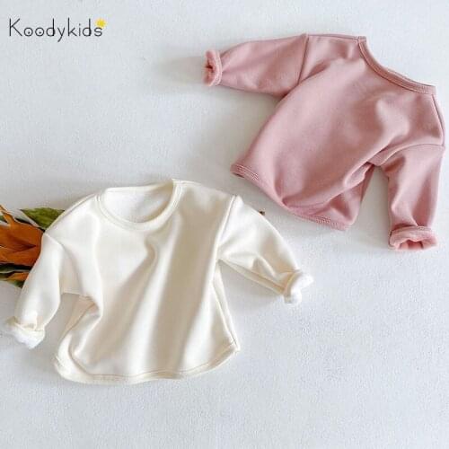 Koodykids Winter Baby Girl Boy Cotton Shirt Beige Long Sleeve Pink Shirt Thick Plush inside Pink Toddler Vintage Simple Tops