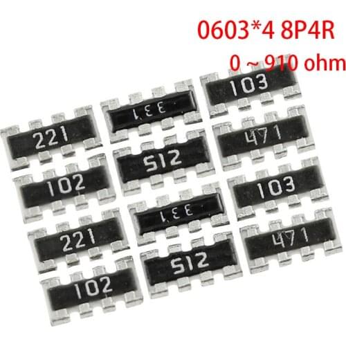 100pcs 0603*4 8P4R 2*4P Network Resistor SMD array 0 ~ 910 ohm 1K ~ 910K 2K 2.2K 4.7K 10K 22K 47K 100K 1M 1 10 100 220 470 ohms